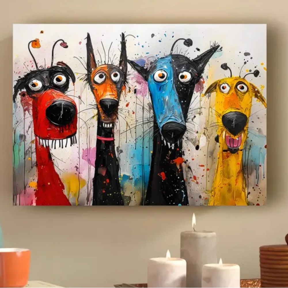 Four Funny Whimsical Abstract Dog Faces Canvas Print Wall Art